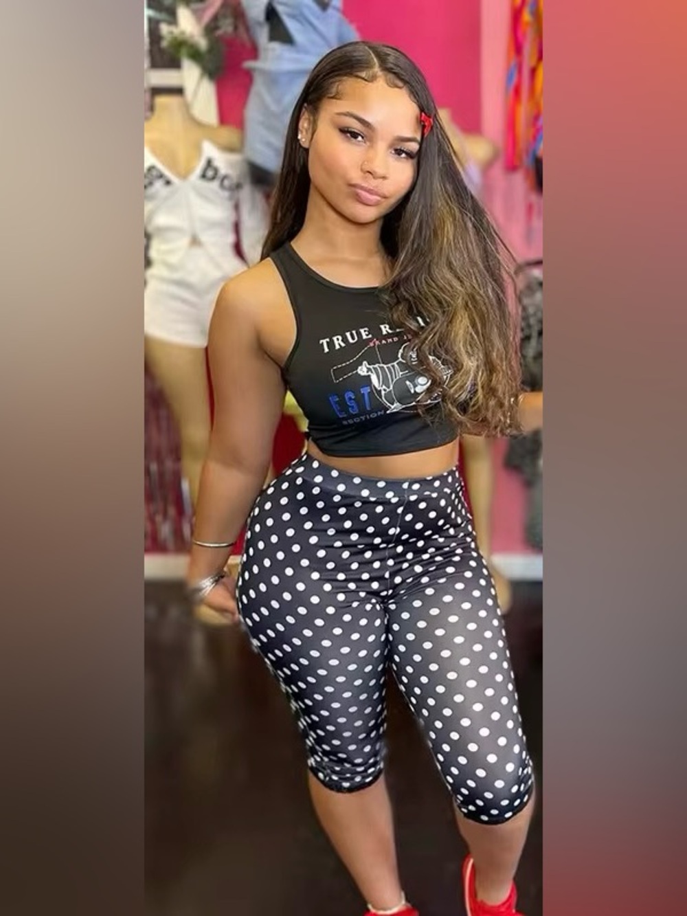 Black Graphic Crop Tank with Polka Dot Capri Leggings 2 piece